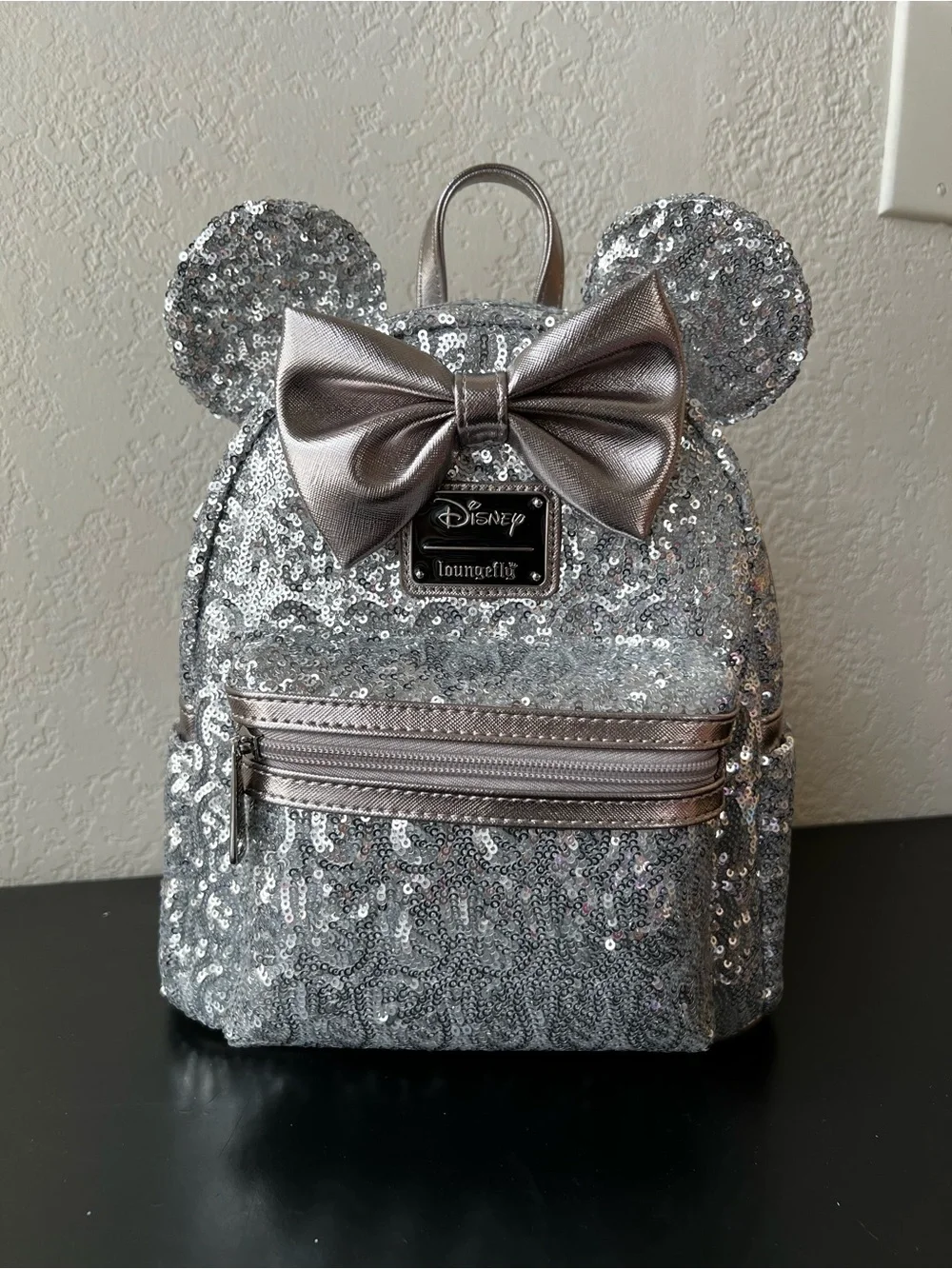 Loungefly Disney Mickey Minnie Mouse Silver Sequin Mini Backpack - NWT